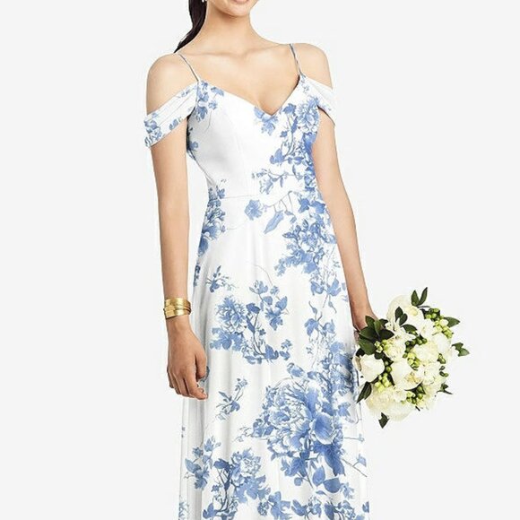 After Six 1526...Cold-Shoulder V-Back Chiffon Maxi Dress...Floral Blue...Size 12 - Picture 1 of 7